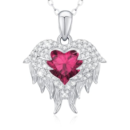 LAVUMO Engelsflügel Halskette Damen Herzkette Silber 925 Damen Schmuck Geburtsstein Herz Anhänger Geschenk für Freundin Sie Frauen Geburtstags Weihnachten Valentinstag Muttertags von LAVUMO