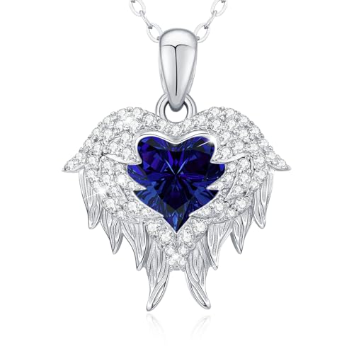 LAVUMO Engelsflügel Halskette Damen Herzkette Silber 925 Damen Schmuck Geburtsstein Herz Anhänger Geschenk für Freundin Sie Frauen Geburtstags Weihnachten Valentinstag Muttertags von LAVUMO