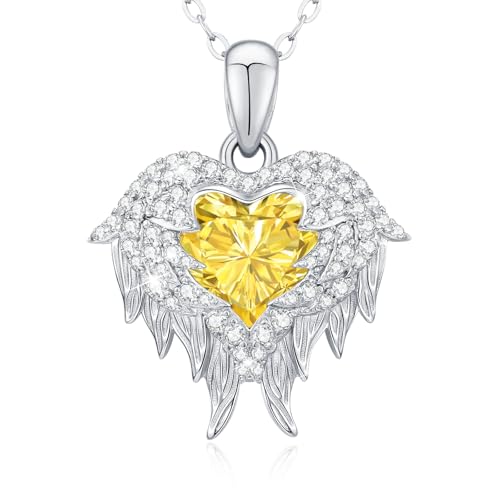 LAVUMO Engelsflügel Halskette Damen Herzkette Silber 925 Damen Schmuck Geburtsstein Herz Anhänger Geschenk für Freundin Sie Frauen Geburtstags Weihnachten Valentinstag Muttertags von LAVUMO