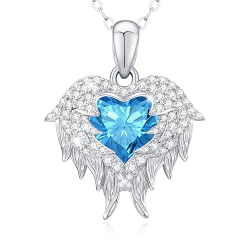 LAVUMO Engelsflügel Halskette Damen Herzkette Silber 925 Damen Schmuck Geburtsstein Herz Anhänger Geschenk für Freundin Sie Frauen Geburtstags Weihnachten Valentinstag Muttertags von LAVUMO