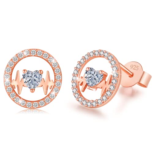 LAVUMO Herzschlag Ohrringe Silber 925 Schmuck Damen Hypoallergen Ohrstecker zum Valentinstag Weihnachten Muttertag Hochzeitstag Geburtstag Geschenke für Frauen Sie Mutter Freundin Ehefrau (Rosegold) von LAVUMO