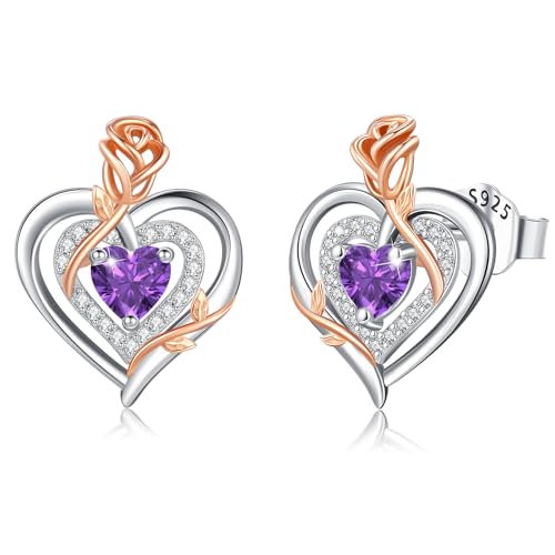 LAVUMO Ohrringe Silber 925, Hypoallergene Rosen Herz Ohrringe Damen,5A Zirkon Geburtsstein Schmuck Ideal Geschenke für Frauen Frau Mutter Weihnachten Valentinstag Geburtstag Muttertag Jubiläums von LAVUMO
