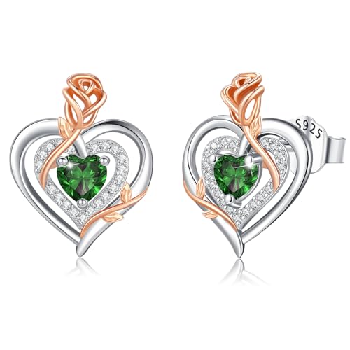 LAVUMO Ohrringe Silber 925, Hypoallergene Rosen Herz Ohrringe Damen,5A Zirkon Geburtsstein Schmuck Ideal Geschenke für Frauen Frau Mutter Weihnachten Valentinstag Geburtstag Muttertag Jubiläums von LAVUMO