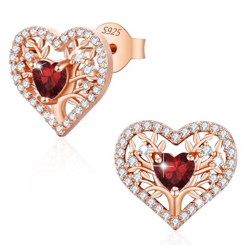 LAVUMO Ohrringe Silber 925, Hypoallergene Lebensbaum Herz Ohrringe Damen,18A Zirkon Geburtsstein Schmuck Ideal Geburtstagsgeschenk für Frauen Freundin Mama Valentinstag Muttertags Weihnachten von LAVUMO