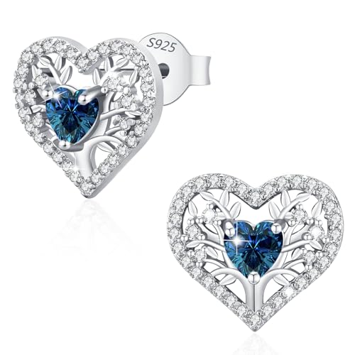 LAVUMO Ohrringe Silber 925, Hypoallergene Lebensbaum Herz Ohrringe Damen,14A Zirkon Geburtsstein Schmuck Ideal Geburtstagsgeschenk für Frauen Freundin Mama Valentinstag Muttertags Weihnachten von LAVUMO