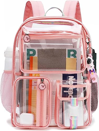 LAWENDA Rosa Schulrucksack Mädchen Teenager Transparent Schulranzen Jungen PVC Rucksack Mädchen Multi-Tasche Schultasche Wasserdicht Schulranzen Girls Pink Backpack School Bag für Schule 1-6 Klasse von LAWENDA