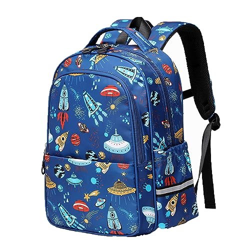 Schulrucksack Jungen für 1-6 Klasse Kinder Rucksäcke Teenager Schultaschen 16 Inch Rakete Raumschiffe Druck Schulranzen für Schule Jungs, Niedlich Boys Daypack mit Reflektierender Streifen, Blau von LAWENDA