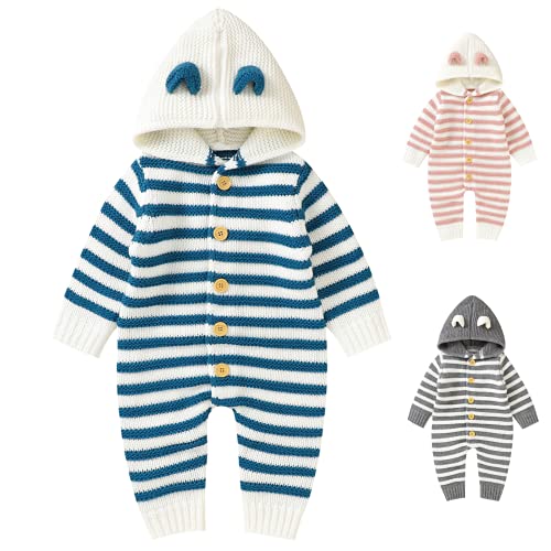 LAWKUL Baby Pullover Junge Mädchen One Piece Gestreift Warmer Strampler Langarm Outfit für Neugeborene 0-6 Monate Blau von LAWKUL