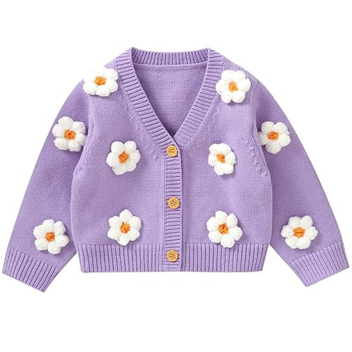 LAWKUL Baby Kleinkind Mädchen Strickjacke Warmer Pullover Florale Langarmsprunger Schichten Strickkleidung 18-24 Monate lila von LAWKUL