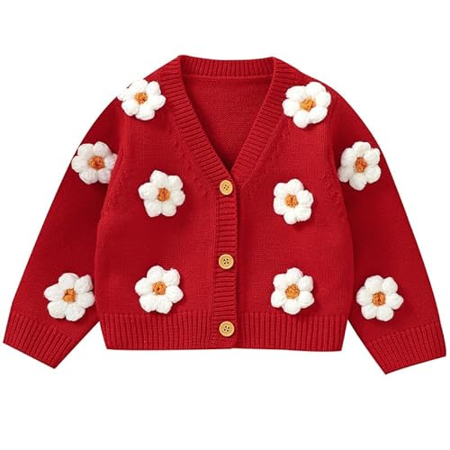 LAWKUL Baby Kleinkind Mädchen Strickjacke Warmer Pullover Florale Langarmsprunger Schichten Strickkleidung 9-12 Monate Rot von LAWKUL