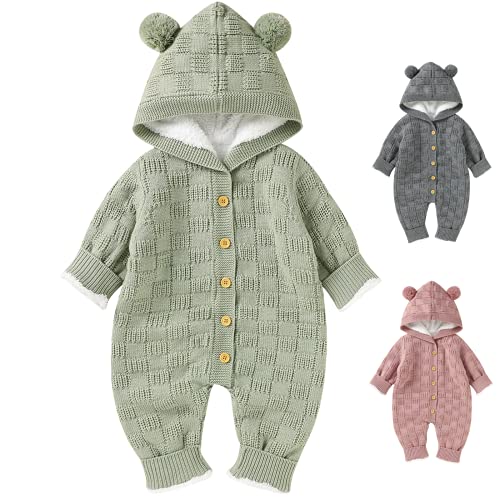 LAWKUL Baby Schneeanzüge Winter Overall Neugeborene Fleece Gefüttert Strampler Gestrickt mit Kapuze Mädchen Jungen Warm Outfits Grün 0-3 Monate von LAWKUL