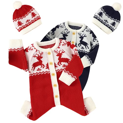 LAWKUL Baby Strampler Langarm Weihnachten Gestrickt Strampler Rot Neugeborenes Kapuzenpullover Lange Ärmel Wärmer Onesies Elchmuster Gestrickte Outfit für Jungen Mädchen Größe 66 (0-3 Monat) von LAWKUL