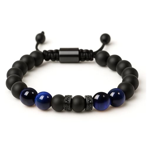LAXISCREED Blaues Tigerauge Armband Herren Verstellbar - Perlenarmband Herren aus Echtem Naturstein als Glücksbringer, Stilvolles Männer Schmuck Geschenk von LAXISCREED