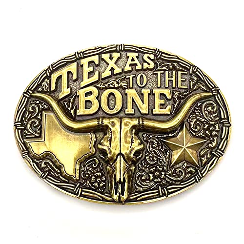 Lanxy TEXAS To The Bone Gürtelschnalle Western Cowboy Retro Cool Oval Groß Bull Gürtelschnalle Antik Goldton von LAXPICOL