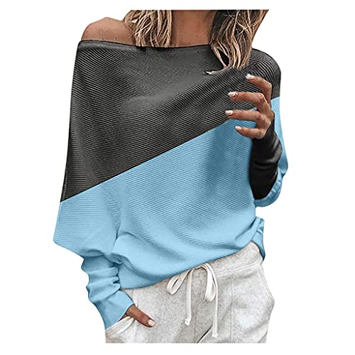 Damen-Sweatshirt, U-Boot-Ausschnitt, Fledermausärmel, Bluse, Patchwork-Pullover Gr. 54, blau von LAYAN-B