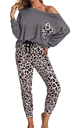 Damen-Trainingsanzug, Pyjama-Set, lässig, zweiteilig, Leopardenmuster, langärmelig, schulterfrei, Oberteil mit Kordelzug, Hose, Loungewear, Nachtwäsche, Sport-Sets Gr. Medium, A Grey von LAYAN-B