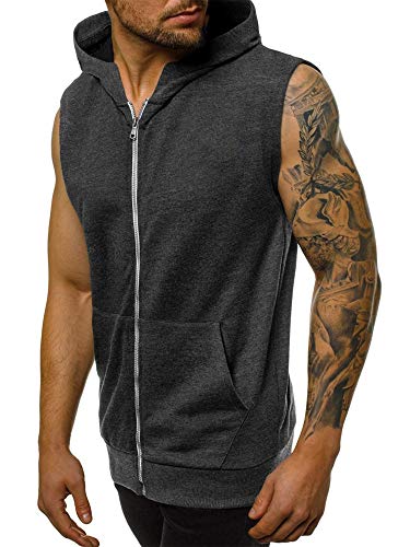 Herren Ärmelloses Oberteil Hoodie Reißverschluss Workout Sportwear Shirts Bodybuilding Training Gym Muskelweste Tank mit Taschen Gr. M, grau von LAYAN-B
