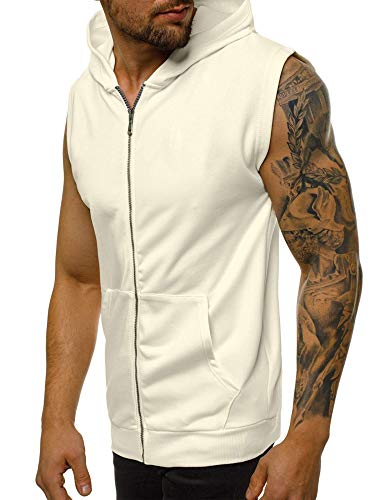 Herren Ärmelloses Oberteil Hoodie Reißverschluss Workout Sportwear Shirts Bodybuilding Training Gym Muskelweste Tank mit Taschen Gr. M, weiß von LAYAN-B