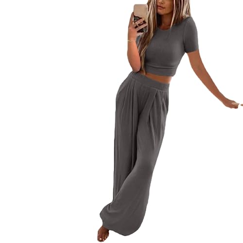 LAYAN-B Damen Pyjama Set Einfarbig Kurzarm Strickoberteile und Lange Hosen Nachtwäsche Pjs Sets, dunkelgrau, XXS von LAYAN-B