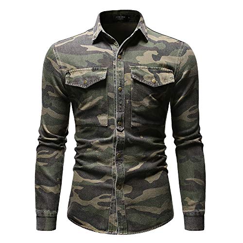 LAYAN-B Herren Hemd Langarm Slim Fit Langarm Army Grün Camouflage Denim Hemd Casual Buttonshirt Gr. L, camouflage von LAYAN-B