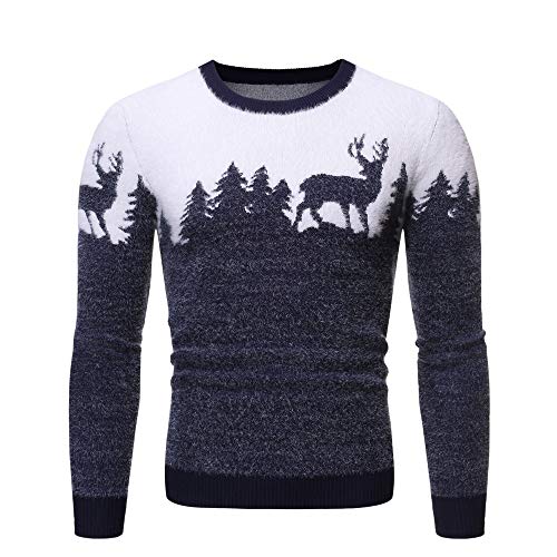 LAYAN-B Herren Pullover Rundhals Mode Strickpullover Slim Fit Hirsch Muster Pollover Sweater Gr. X-Large, navy von LAYAN-B