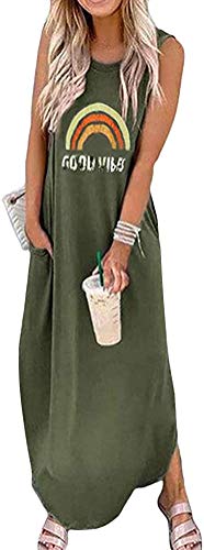 LAYAN-B Maxikleider für Damen, Hippie-Soul-Buchstaben, bedruckt, seitliche geteilte Taschen, Sommerkleid, ärmellos, lässig, lockeres T-Shirt-Kleid, langes Kleid für Sommer, A Green, L von LAYAN-B