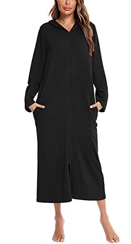Leichter Damen-Bademantel mit Kapuze, langärmelig, mit Reißverschluss, Kimono mit Taschen Gr. 48, Schwarz von LAYAN-B