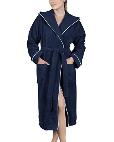 LAYNENBURG Bademantel Damen Frottee - Kapuze - Lang - 100% Baumwolle (360g/m2) - OEKO TEX Standard 100 - Größe (3XL, Blau) von LAYNENBURG