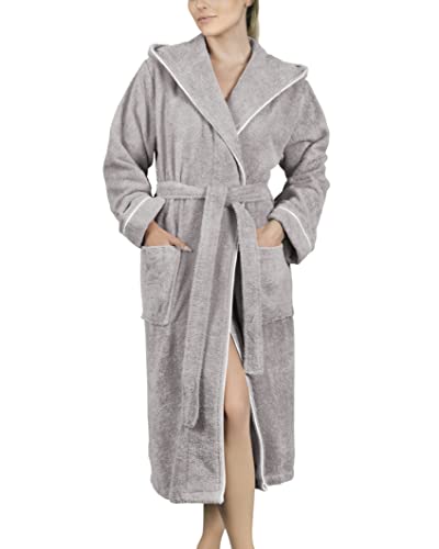 LAYNENBURG Bademantel Damen Frottee - Kapuze - Lang - 100% Baumwolle (360g/m2) - OEKO TEX Standard 100 - Größe (L, Grau) von LAYNENBURG