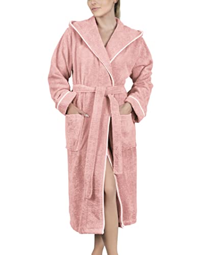 LAYNENBURG Bademantel Damen Frottee - Kapuze - Lang - 100% Baumwolle (360g/m2) - OEKO TEX Standard 100 - Größe (L, Rosa) von LAYNENBURG