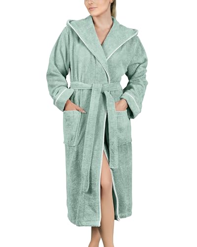 LAYNENBURG Bademantel Damen Frottee - Kapuze - Lang - 100% Baumwolle (360g/m2) - OEKO TEX Standard 100 - Größe (M, Eukalyptus) von LAYNENBURG