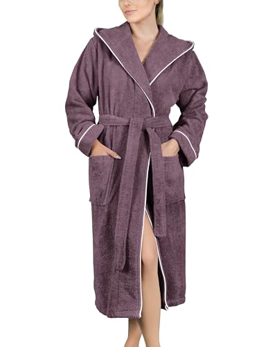 LAYNENBURG Bademantel Damen Frottee - Kapuze - Lang - 100% Baumwolle (360g/m2) - OEKO TEX Standard 100 - Größe (M, Taupe-rose) von LAYNENBURG