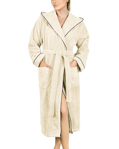 LAYNENBURG Bademantel Damen Frottee - Kapuze - Lang - 100% Baumwolle (360g/m2) - OEKO TEX Standard 100 - Größe (S, Creme) von LAYNENBURG