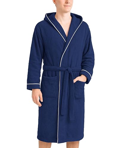 LAYNENBURG Bademantel Herren Frottee - Kapuze - Lang - 100% Baumwolle (360g/m2) - OEKO TEX Standard 100 - Größe (M, Blau) von LAYNENBURG