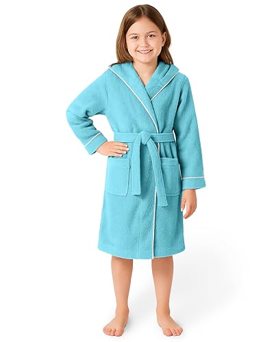 LAYNENBURG Premium Bademantel Kinder & Teenager mit Kapuze - 100% Baumwolle - OEKO TEX Standard 100 - flauschiges Frottee - Größe (122/128, Hellblau) von LAYNENBURG
