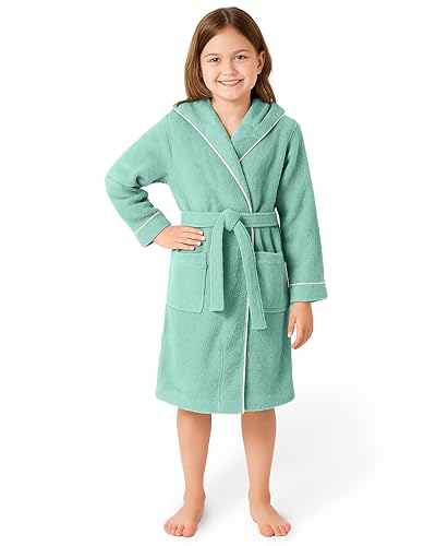 LAYNENBURG Premium Bademantel Kinder & Teenager mit Kapuze - 100% Baumwolle - OEKO TEX Standard 100 - flauschiges Frottee - Größe (122/128, Türkis) von LAYNENBURG