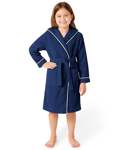 LAYNENBURG Premium Bademantel Kinder & Teenager mit Kapuze - 100% Baumwolle - OEKO TEX Standard 100 - flauschiges Frottee - Größe (134/140, Blau) von LAYNENBURG