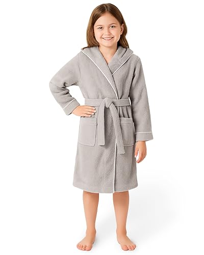 LAYNENBURG Premium Bademantel Kinder & Teenager mit Kapuze - 100% Baumwolle - OEKO TEX Standard 100 - flauschiges Frottee - Größe (146/152, Grau) von LAYNENBURG