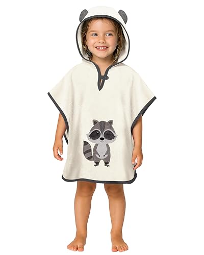 LAYNENBURG Premium Badeponcho Kinder mit Kapuze - 100% Baumwolle - OEKO TEX - Baby Jungen Mädchen Handtuch Poncho Frottee - 1-3 Jahre/Waschbär von LAYNENBURG