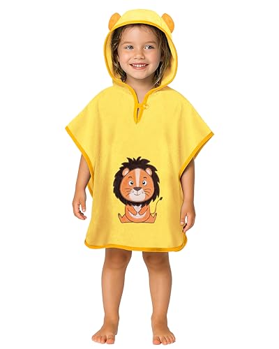 LAYNENBURG Premium Badeponcho Kinder mit Kapuze - 100% Baumwolle - OEKO TEX - Baby Jungen Mädchen Handtuch Poncho Frottee - 3-5 Jahre/Löwe von LAYNENBURG