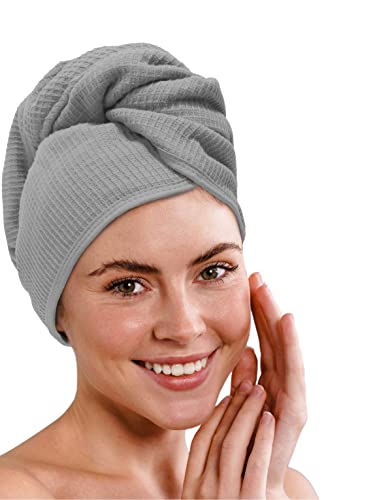 LAYNENBURG Premium Waffelpique Haarturban mit 2 Knöpfen - 100% Baumwolle – Turban Handtuch aus Frottee - Haar-Handtuch Knopf für Kurze & Lange Haare – Kopfhandtuch schnelltrocknend (grau) von LAYNENBURG