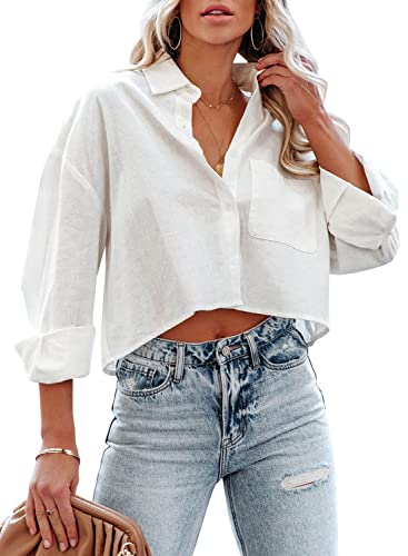 LAYOGAS Damen Crop Button Down Shirts Casual Langarm Revers Bluse mit Brusttasche Einfarbig S-2XL, 01-weiß, Groß von LAYOGAS