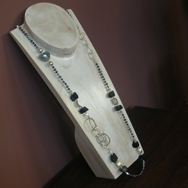 Turmalin Süßwasserperle Silber Lange Kette "Black Pearl Silver Ring" Mehrreihig von LAYSONA
