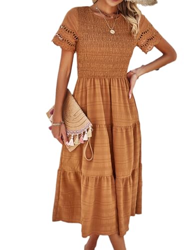 Damen FrüHling Und Sommer Feste Farbe Temperament Plissiert Hohl KurzäRmelige A-Linie Kleider von LAZIRO