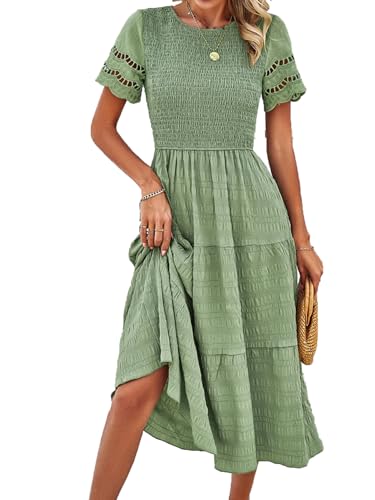 Damen FrüHling Und Sommer Feste Farbe Temperament Plissiert Hohl KurzäRmelige A-Linie Kleider von LAZIRO