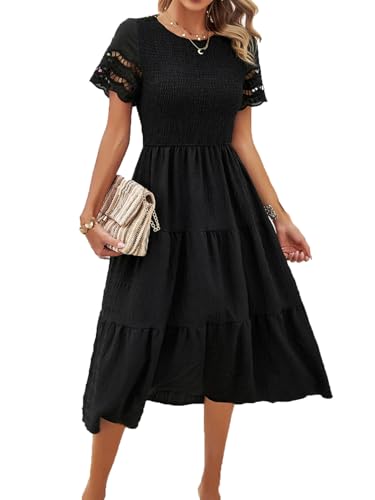 Damen FrüHling Und Sommer Feste Farbe Temperament Plissiert Hohl KurzäRmelige A-Linie Kleider von LAZIRO