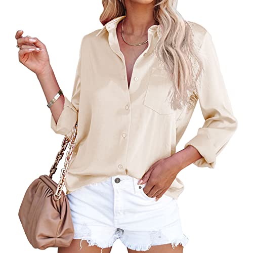 Damen FrüHling Und Sommer Satin Langarm V-Ausschnitt Solide Farbe Single-Breasted Cardigan BüRo Bequeme Casual Business Shirt Weiblich von LAZIRO