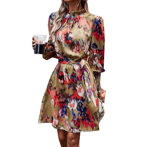 Damen Herbst Und Winter Halbhoher Halsausschnitt Bedrucktes Kleid Mit Hoher Taille Temperament Elegantes A-Linien-Kleid LangäRmeliger Rock von LAZIRO