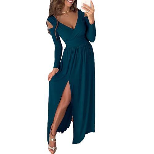 Damen Herbst Und Winter LangäRmlig V-Ausschnitt Einfarbig Bequem LäSsig Saum Offen Gabel UnregelmäßIg Kleid Weiblich von LAZIRO