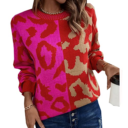 Damen Herbst Und Winter Pullover Leopard Print Stitching Style Mixed Knit Pullover Pullover von LAZIRO